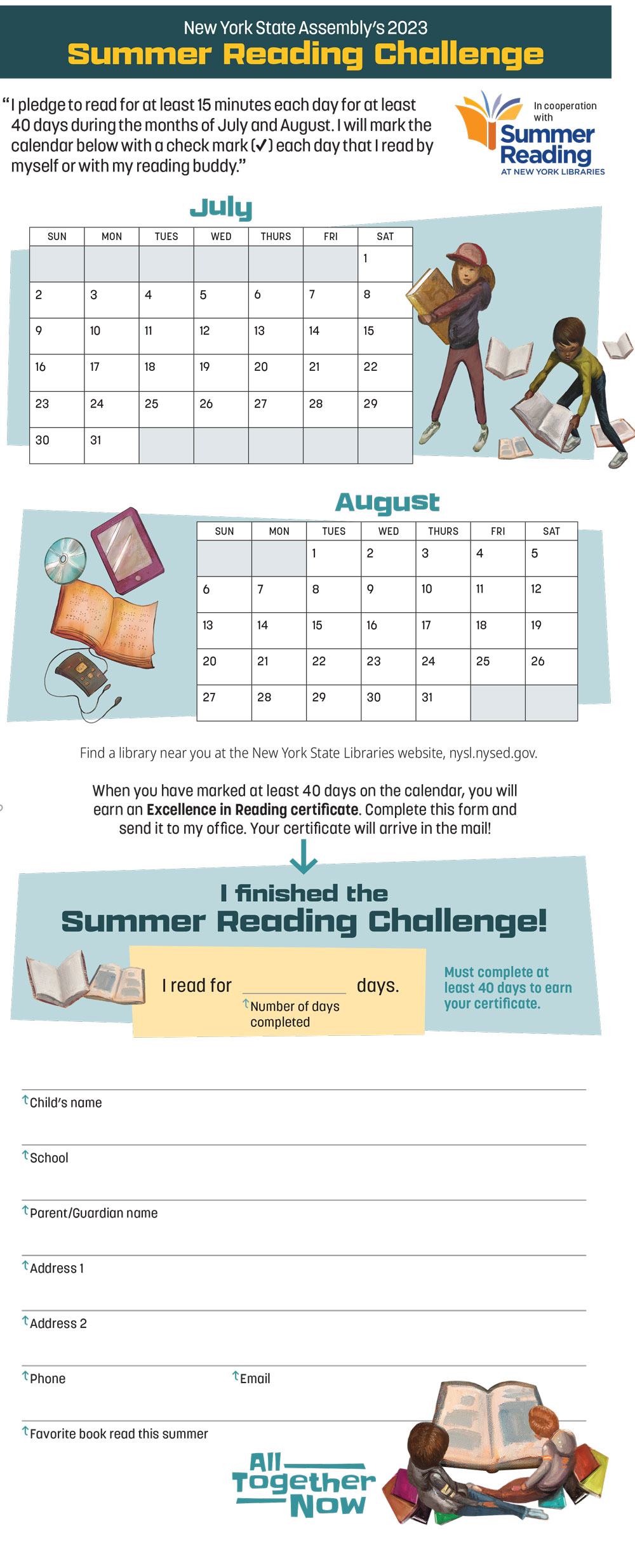 NYS Assembly's 2023 Summer Reading Challenge Calendar