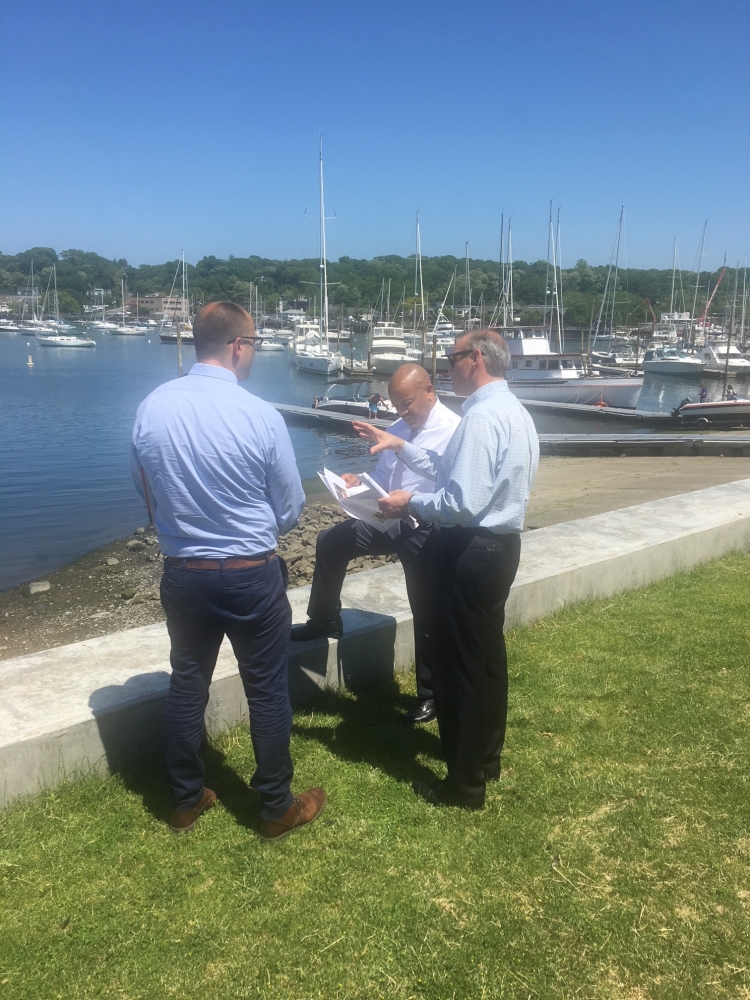 Pictured with Speaker Heastie in the first photo at Huntington Harbor (from left to right): John Sohngen, P.E., Principal Health Engineer, Suffolk County Office of Ecology; and Assemblymember Steve Stern.