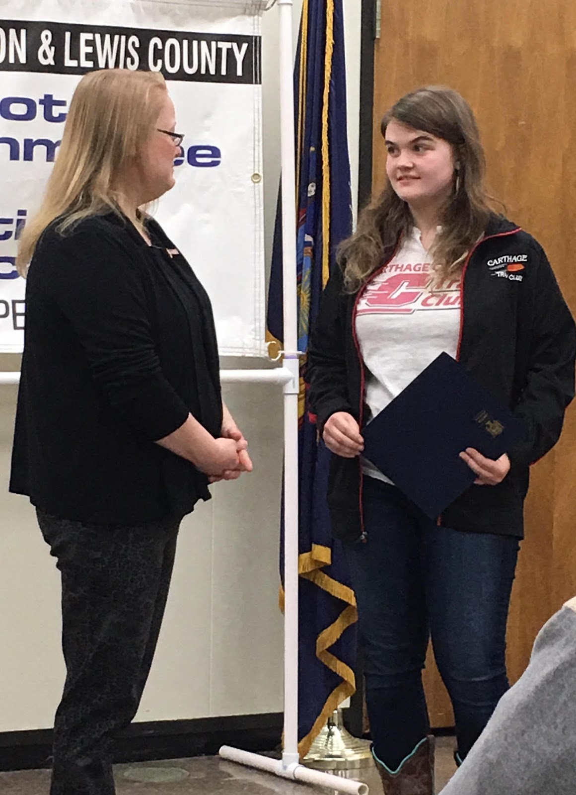 Assemblywoman Addie A.E. Jenne congratulates Carthage High School student Monica Reed for taking top honors in the Jefferson-Lewis Counties chapter of SCOPE essay writing contest