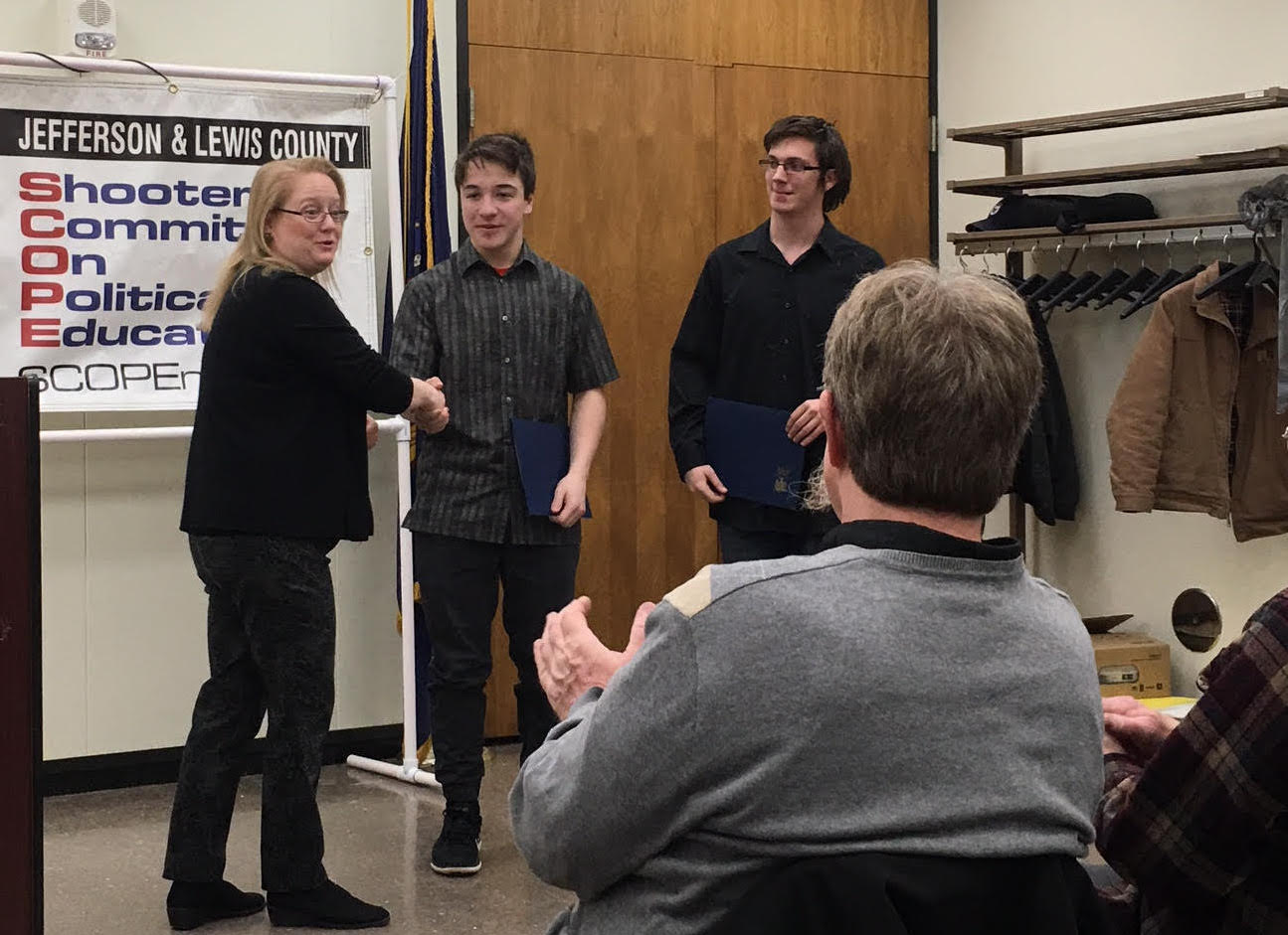 Assemblywoman Addie A.E. Jenne congratulates South Jefferson Central School students Nicolas Luciani, and Austin Papazian for winning the second prize of $75 in the Jefferson-Lewis Counties chapter of SCOPE essay writing contest.