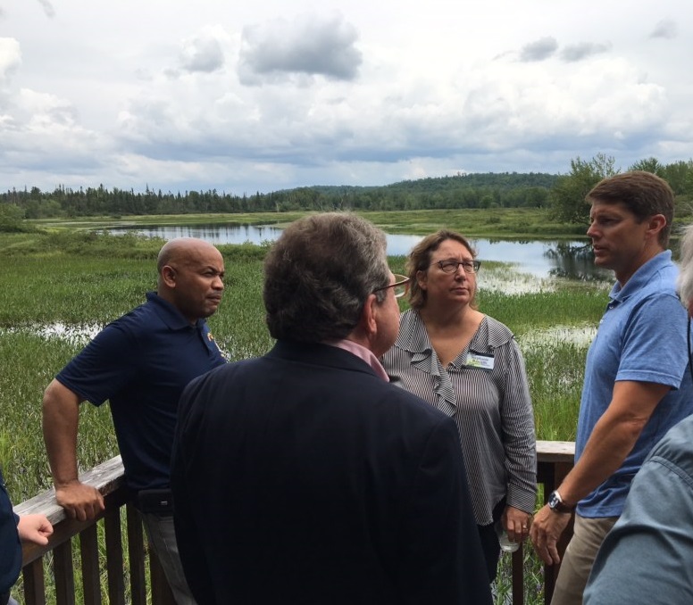 Pictured with Speaker Heastie in the second photo at the Wild Center (from left to right): Franklin County Legislator Paul Maroun, Wild Center Executive Director Stephanie Ratcliffe and Assemblymember Billy Jones.