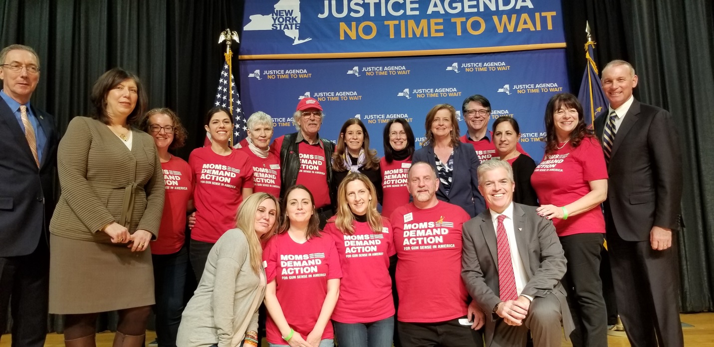 Pictured L-R: State Senator James Gaughran, Nassau County District Attorney Madeline Singas, Linda Beigel Schulman, Assemblywoman Judy Griffin, Assemblyman Steve Stern, members of “Moms Demand Action” and Suffolk County Executive Steve Bellone