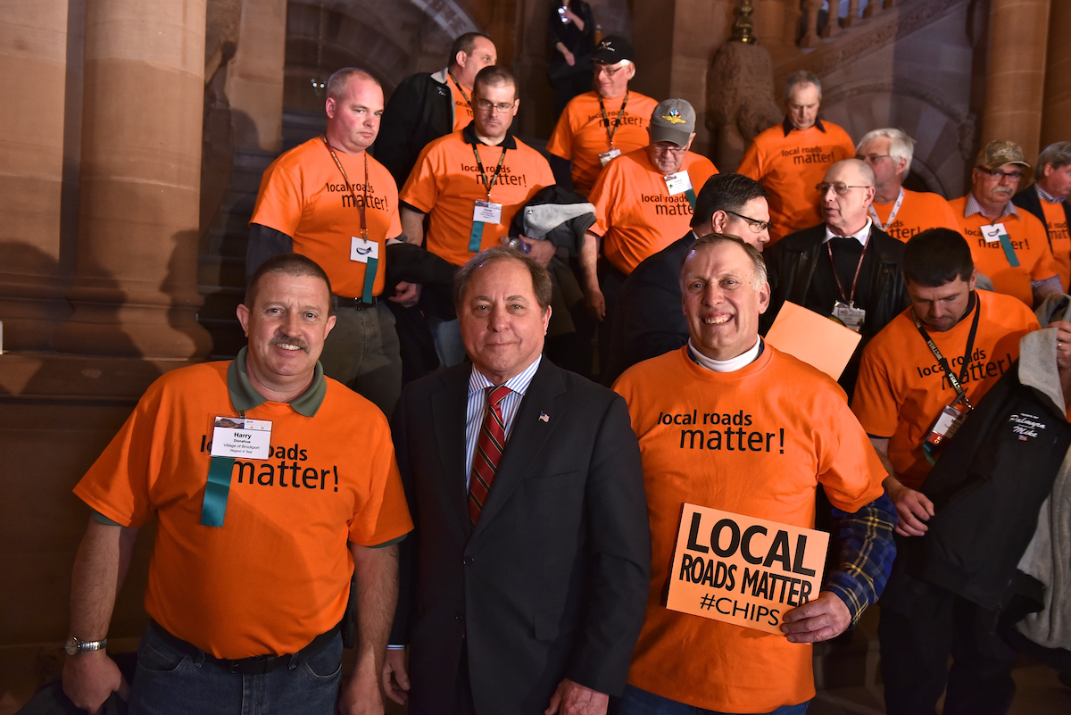 Assemblyman Steve Hawley (R,C,I-Batavia) [center] joins highway superintendents from across the state to rally for increased infrastructure funding