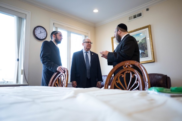 Assembly Member Simcha Eichenstein and Assembly Housing Chair Steven Cymbrowitz visited the home of Ezra Friedlander, a local resident and community activist in the Borough Park neighborhood of the Brooklyn borough of New York City on Monday, April 15.
