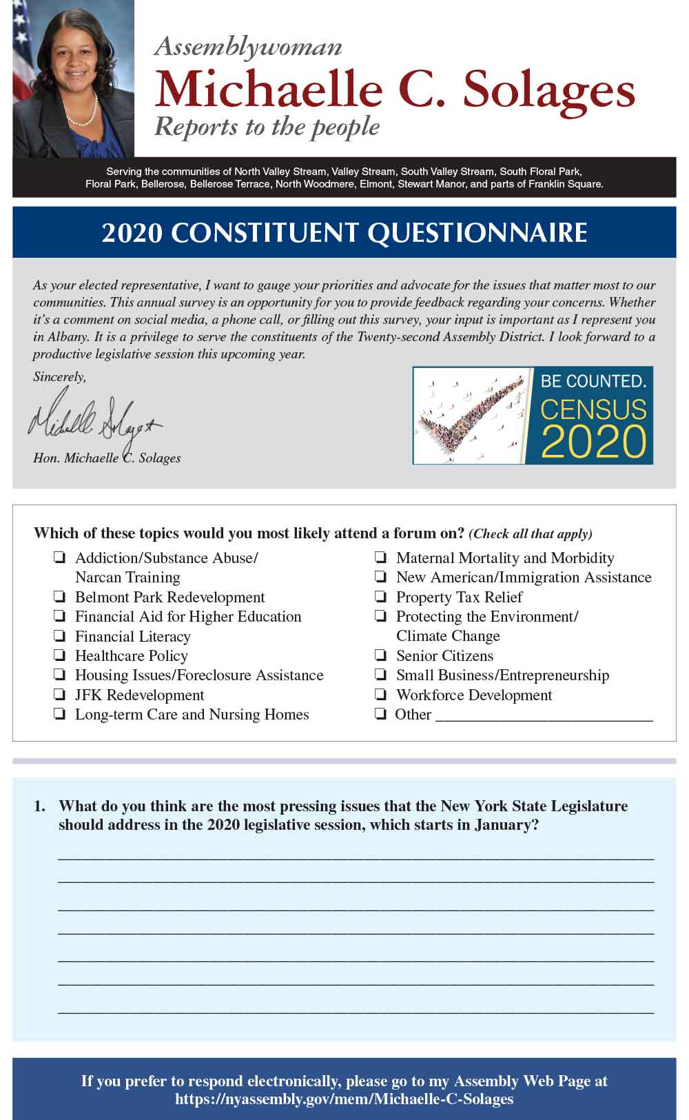 Assemblywoman Michaelle C. Solages Reports to the People - 2020 Constituent Questionnaire