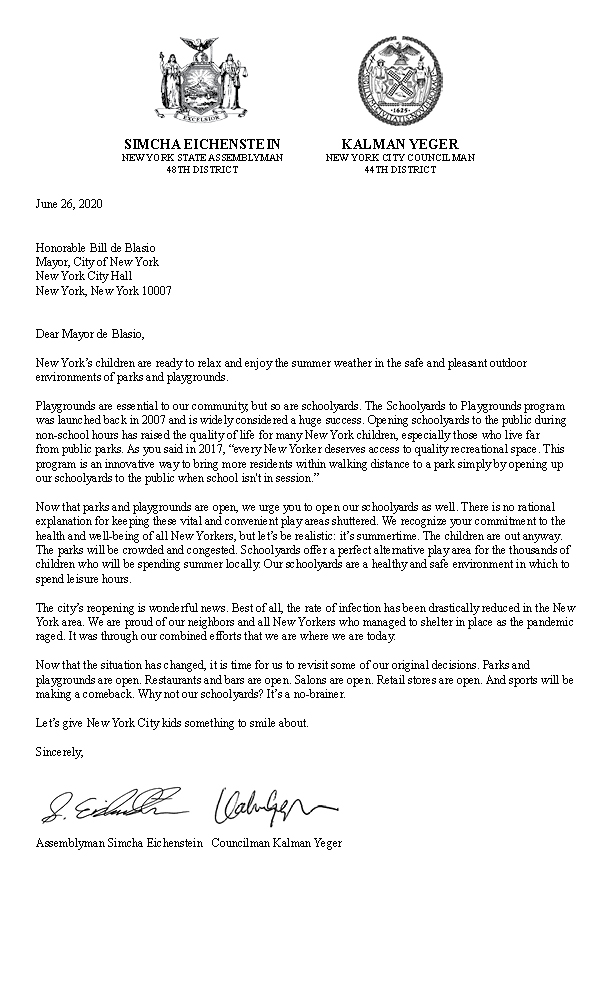 Letter to Mayor Bill de Blasio demanding that the city’s public schoolyards be opened