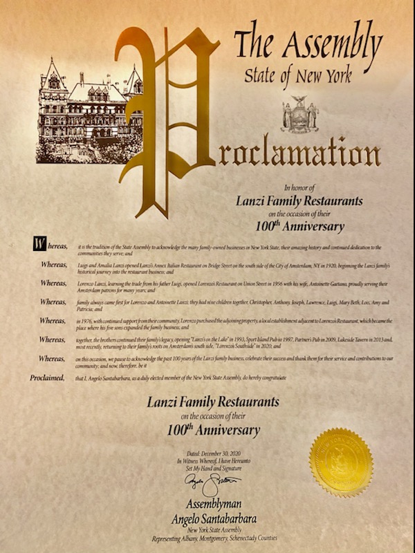 Proclamation presented by Assemblyman Santabarbara to the Lanzi Family  now on display at Lorenzo’s Southside.