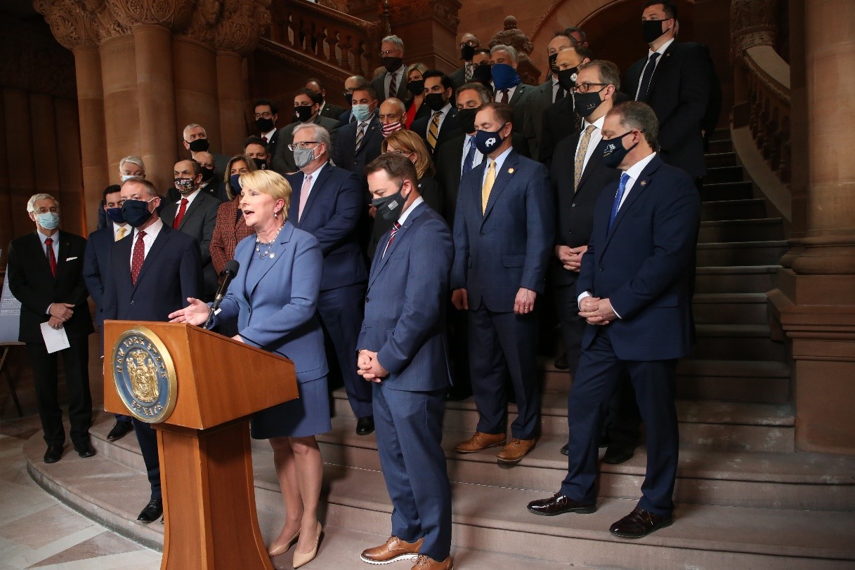 Assemblywoman Mary Beth Walsh (R,C,I-Ballston) pictured in Albany, NY at a press conference with the Assembly and Senate Minority Conferences on Monday, Feb. 22 calling for the removal of Gov. Cuomo’s emergency powers.