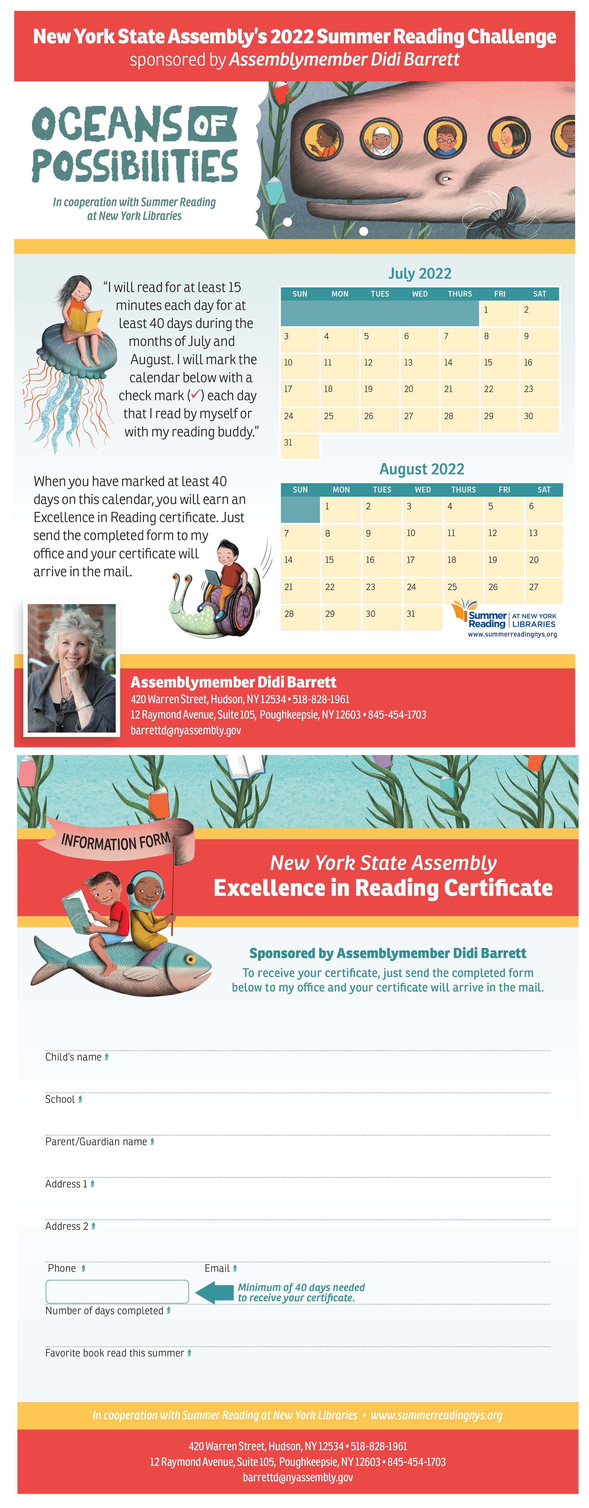 NYS Assembly's 2022 Summer Reading Challenge Calendar