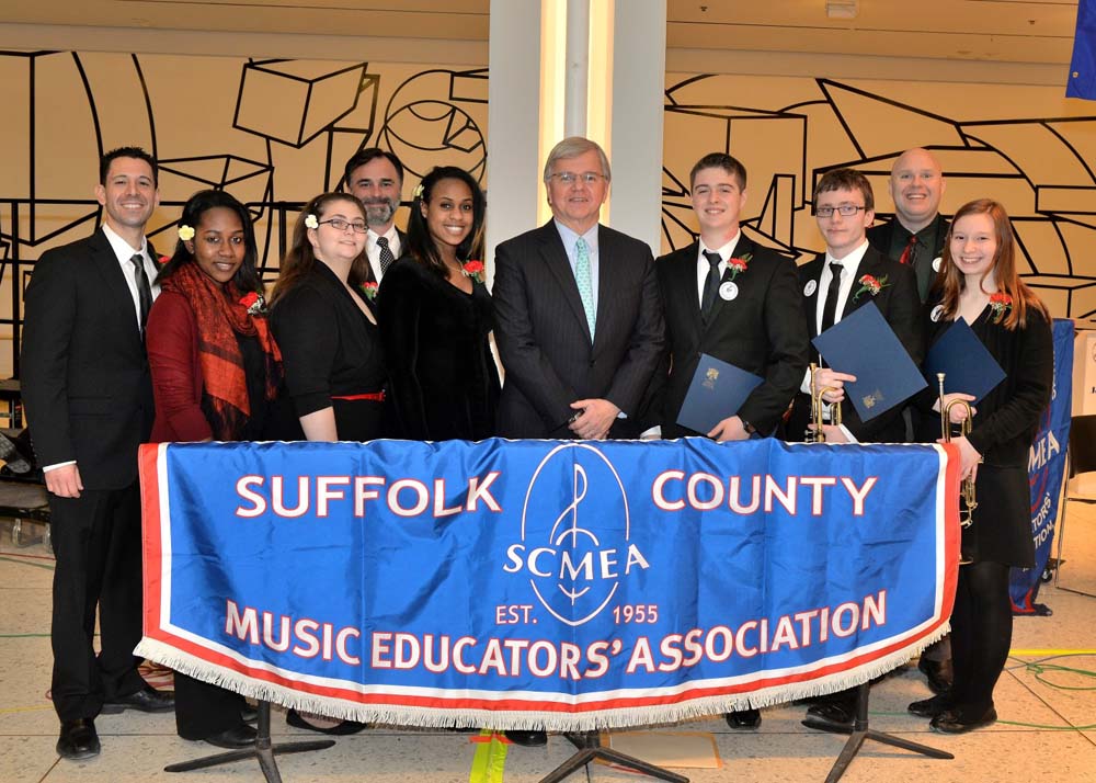 Assemblyman Fred W. Thiele, Jr. pictured with local high school students who performed with the Suffolk County Music Educators’ Association (SCMEA) All-County Instrumental and Vocal Jazz Ensembles on