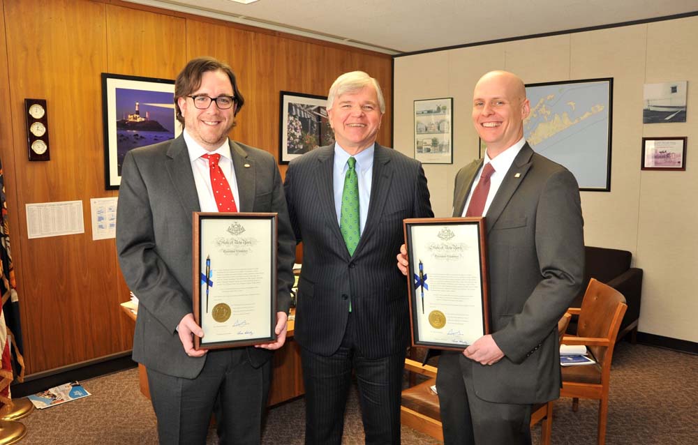 On Library Advocacy Day celebrated in Albany on Wednesday, February 25, 2015, Assemblyman Fred W. Thiele, Jr. presented the pen certificates of two bills that he sponsored while he served as Chairman