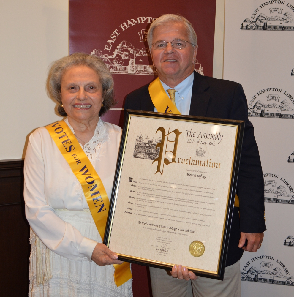On October 19, 2017, NYS Assemblyman Fred W. Thiele, Jr. presented a proclamation on behalf of the New York State Assembly to historian Arlene Hinkemeyer, a member of the League of Women Voters of the