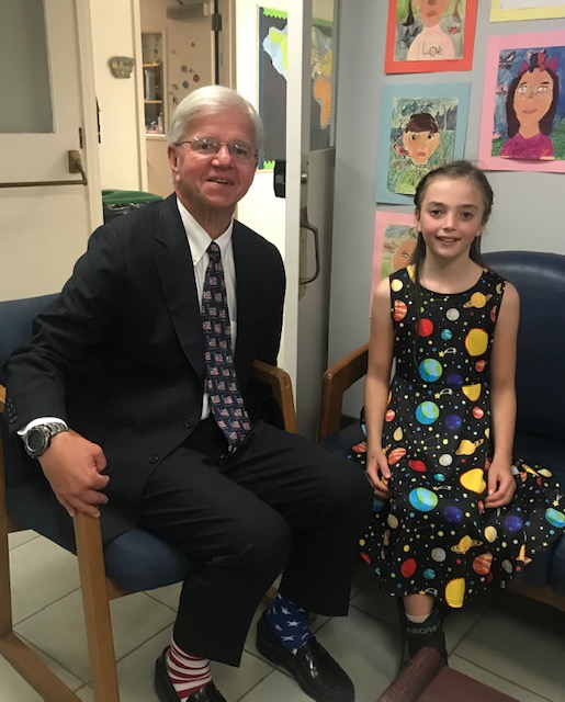 Assemblyman Fred W. Thiele, Jr. (I, D, WF, REF - Sag Harbor) met with fifth grader Sabrina McManus about her environmental project to raise awareness of endangered species at the Sag Harbor Elementary