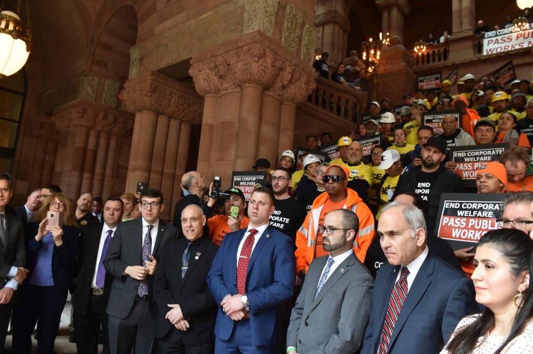 Pictured: Assemblyman Joe DeStefano (R,C,I,Ref-Medford) attends rally in support of expanding the prevailing wage on Wednesday, March 27.