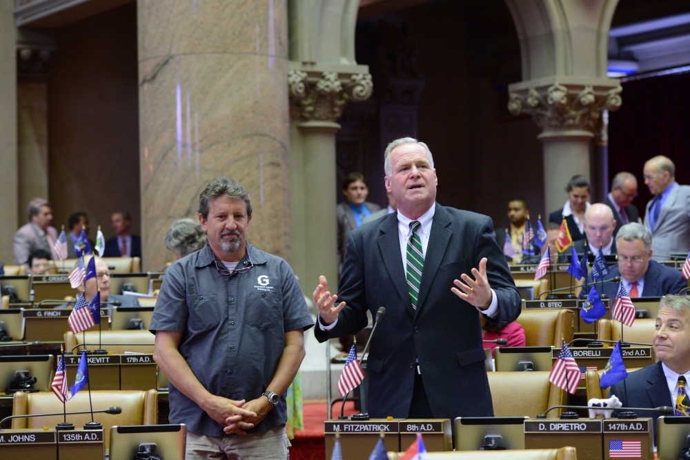 Assemblyman Mike Fitzpatrick (R,C,I – Smithtown) introduces the secretary of the NYS Brewers Association, Rich Vandenburgh, in the Assembly Chamber. The New York State Brewers Association recently cam