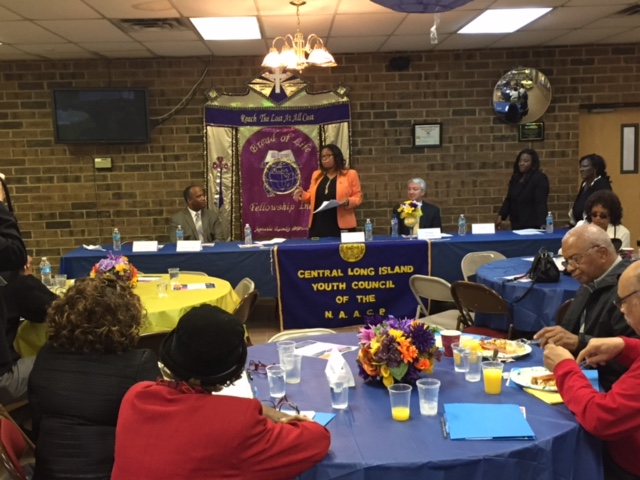 Assemblywoman Jean-Pierre speaks at the NAACP Central Long Island branch legislative breakfast with Senator Phil Boyle and Presiding Officer DuWayne Gregory
