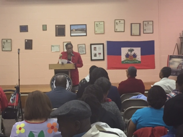 Assemblywoman Jean-Pierre gives a speech at her first annual Haitian Flag Day at the Wyandanch Public Library