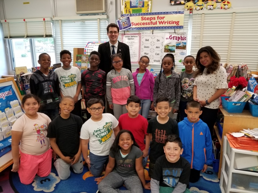 Assemblyman John Mikulin (R,C,I,Ref-Bethpage) recently visited Mrs. Schneider's third grade class  at the Walnut Street School in Uniondale.
