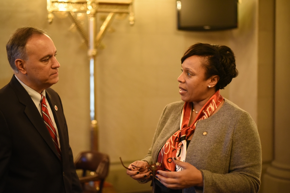 Assemblywoman Hyndman discussing diversity with Queens College President Félix V. Matos Rodríguez