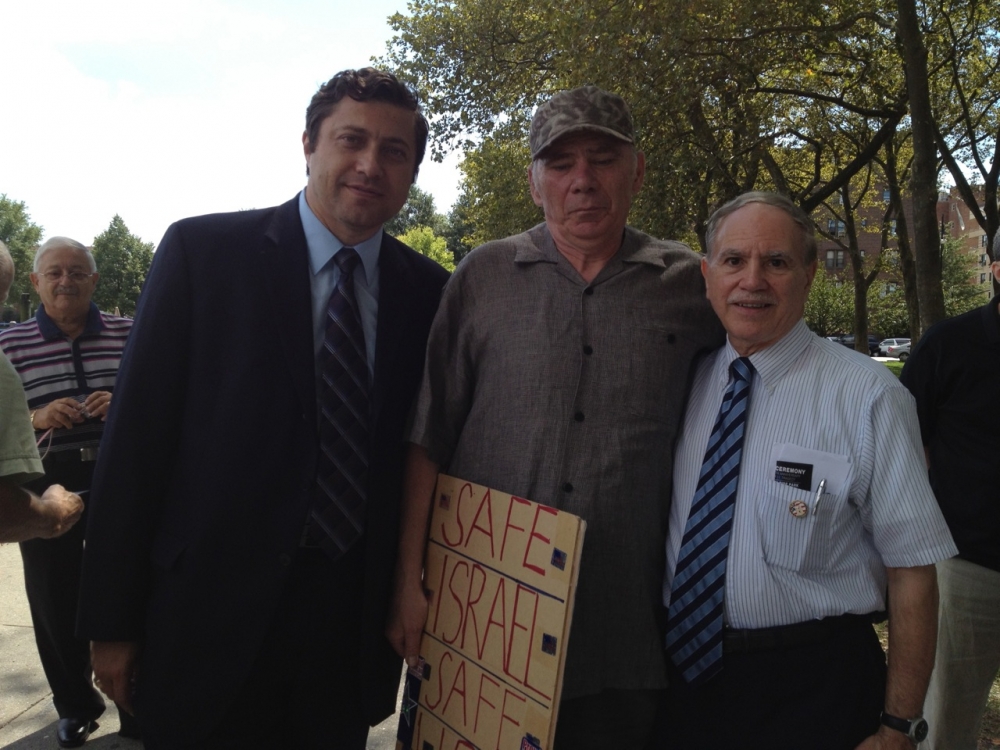 Community leader Ari Kagan and Assemblymember William Colton at Holocaust Memorial Park.