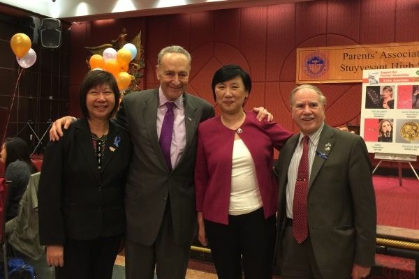 Assemblymember William Colton and Community Relations Director Nancy Tong with Senator Charles Schumer at Stuyvesant HS PA Dinner in 2016.
