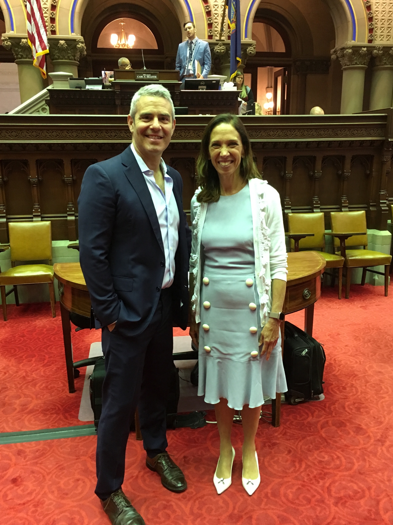Amy Paulin meets with Bravo TV star Andy Cohen about his support for her bill, the Child Parent Security Act.