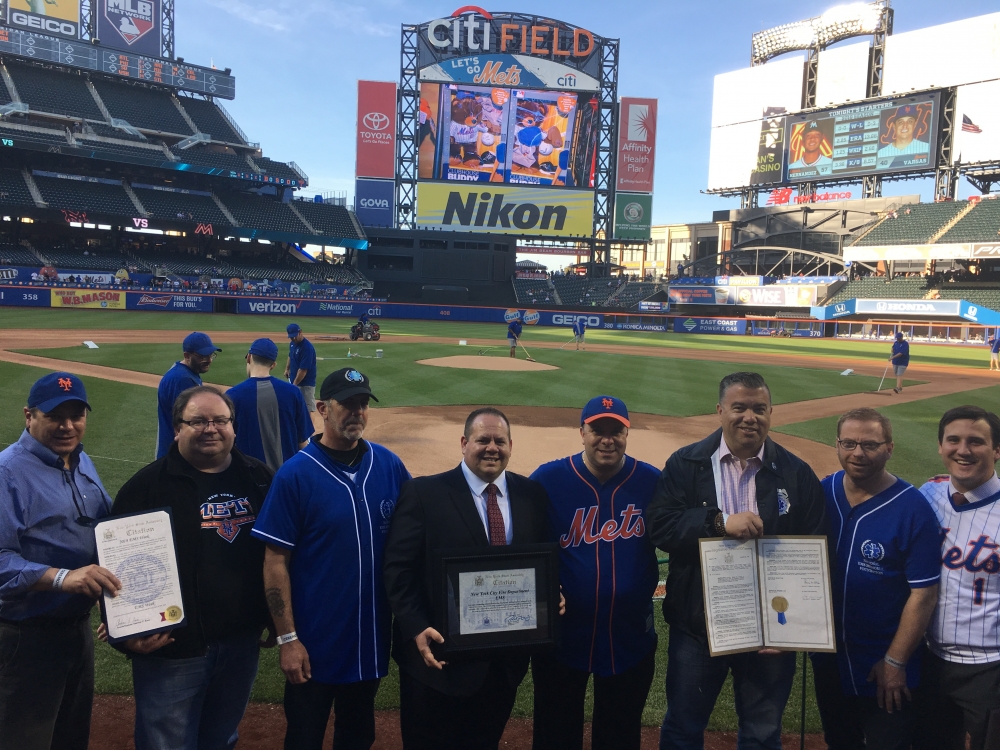 Assemblyman Karl Brabenec [center] joins EMS units from across the country at Citi Field to commemorate EMS Week in New York State