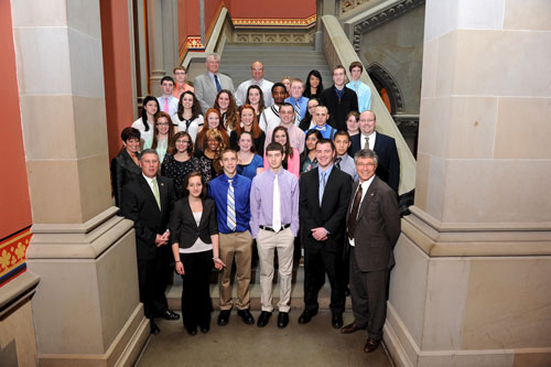 Assemblymembers John McDonald and Phillip Steck pictured with Watervliet High School Superintendent Dr. Lori S. Caplan along with students and teachers from Watervliet High.