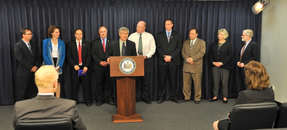 Assemblymember Phil Steck fights for local tax relief with the Municipal Health Insurance Savings Act (A.739) at a press conference on May 19th, 2015. Steck was supported by a b