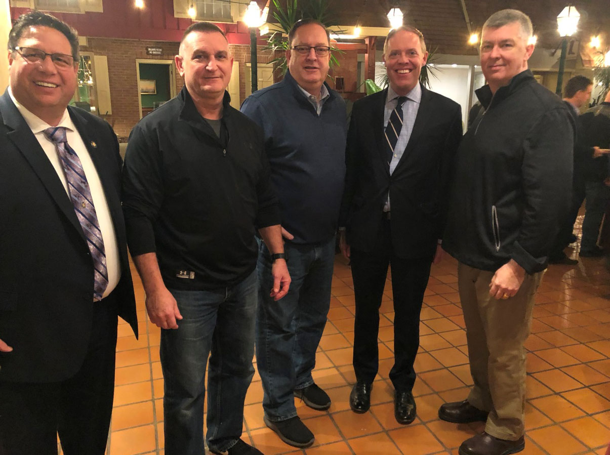 From left are Assemblyman Brian Manktelow (R,C,I,Ref–Lyons), Oswego County Sheriff Don Hilton, Oswego County Undersheriff John Toomey, Leader Barclay and Madison County Undersheriff R.J. Lenhart.
