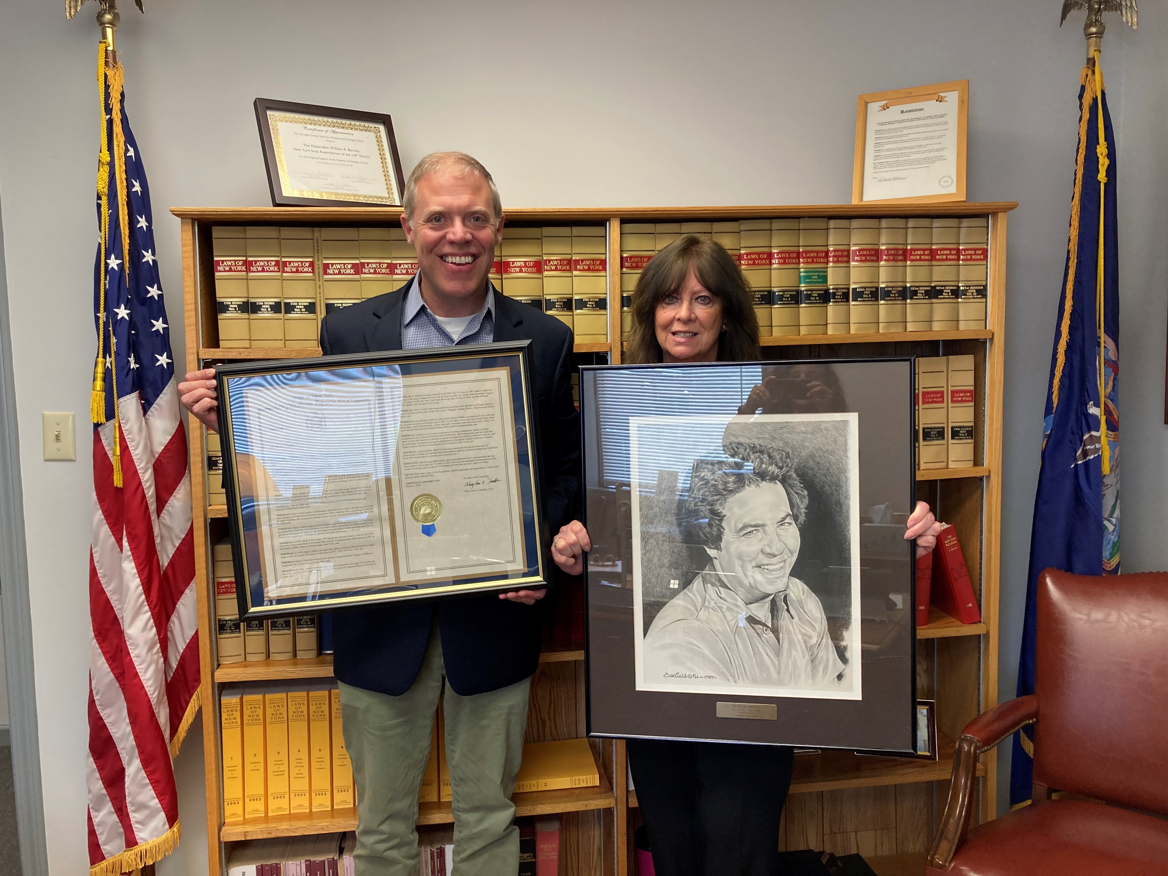 Recently, Assembly Minority Leader Will Barclay (R,C,I-Pulaski) presented Denise Roth, wife of the late great Mark Roth, with a state Assembly resolution posthumously honoring the bowling icon who was