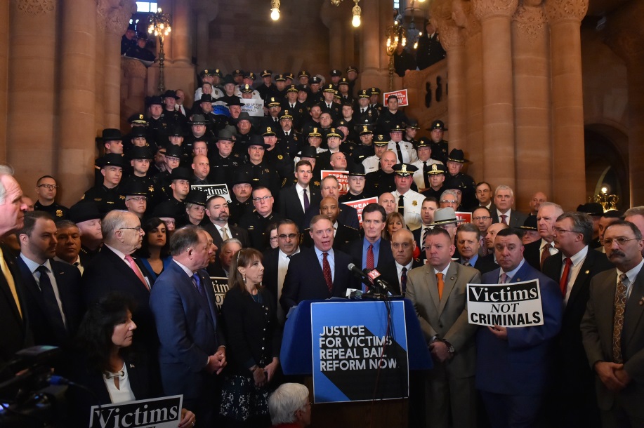 Many sheriffs, law enforcement, district attorneys and legislators attended the rally calling for the repeal of bail reform on February 4, 2020.