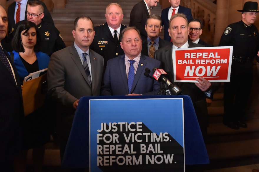 Assemblyman Steve Hawley [at podium] rallies with law enforcement and legislative colleagues in the Capitol Tuesday, February 4 to repeal new bail laws.