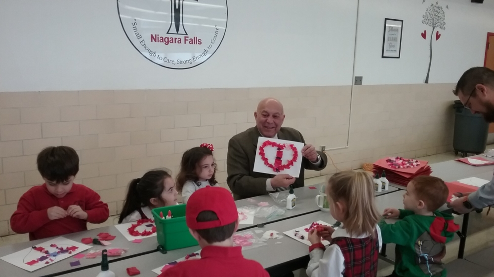 Assemblyman Angelo J. Morinello(R,C,I,Ref-Niagara Falls)  hosts his first annual Valentines for Seniors Program at Catholic Academy in Niagara Falls. Pictured around the table clockwise - Mr. Joseph D