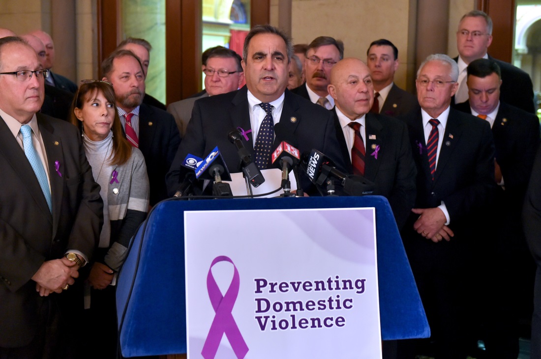 Assemblyman Joseph M. Giglio (R,C,I-Gowanda), [at podium] speaking in Albany at a press conference to prevent domestic violence on Tuesday, January 23, 2018.