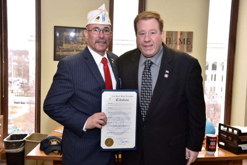 Assemblyman Chris Tague (R,C,I,Ref-Schoharie) with Gary Schacher, Commander of the NYS American Legion on Tuesday, March 12 in Albany.