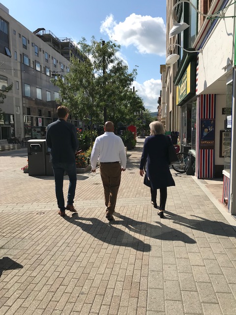 Pictured in the fourth photo with Speaker Heastie at Ithaca Commons is (from left to right): Ithaca Common Council Member Seph Murtagh and Assemblymember Barbara Lifton.