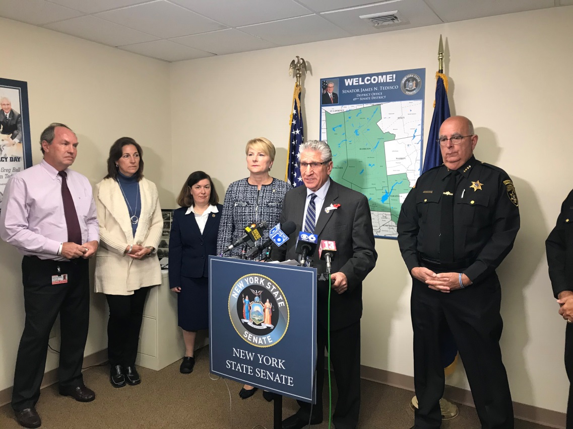 Assemblywoman Mary Beth Walsh (R,C,I-Ballston) (pictured left to right) with Michael and Regina Stewart, Saratoga County District Attorney Karen Heggen, Sen. Tedisco, and Saratoga County Sheriff Michael Zurlo at a press conference on November 12, 2019.