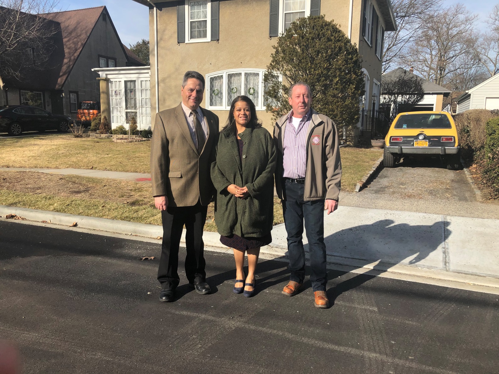 Bellerose Village Mayor Kenneth Moore & Deputy Mayor Joseph Juliano meet with Assemblywoman Michaelle Solages in the field at the 2019 Road Project Site. (L-R: Deputy Mayor Joe Juliano, Assemblywoman Michaelle Solages and Mayor Ken Moore)