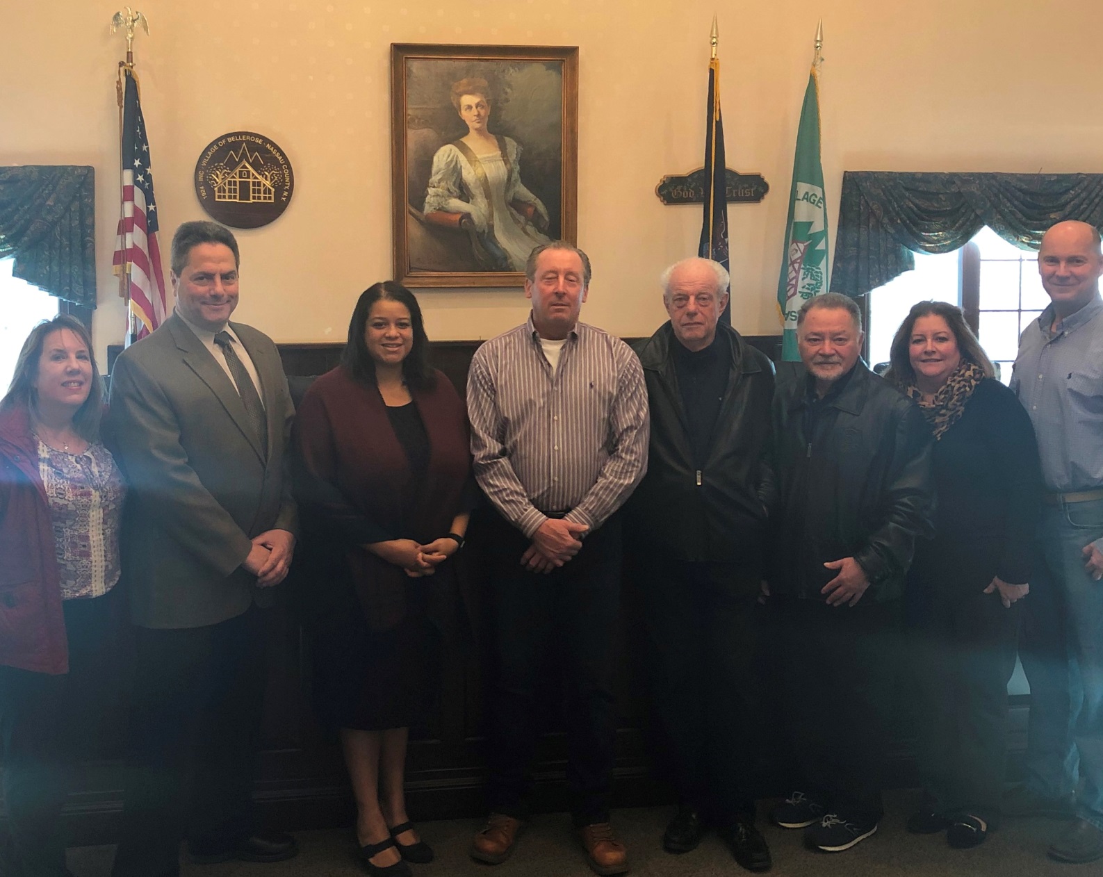 The Board of Trustees greet and thank Assemblywoman Michaelle Solages at the Historic Bellerose Village Hall for her support of the 2019 Road Project.  (L-R: Trustee Kate Dorry, Deputy Mayor Joe Juliano, Assemblywoman Michaelle Solages, Mayor Ken Moore, H