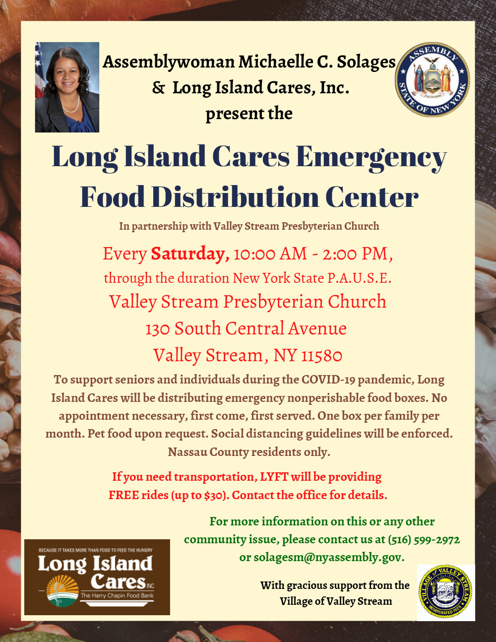 In partnership with Long Island Cares, Inc. and Valley Stream Presbyterian Church, Assw. Solages has established an emergency food distribution site for residents who have been affected by the ongoing COVID-19 pandemic in Valley Stream.