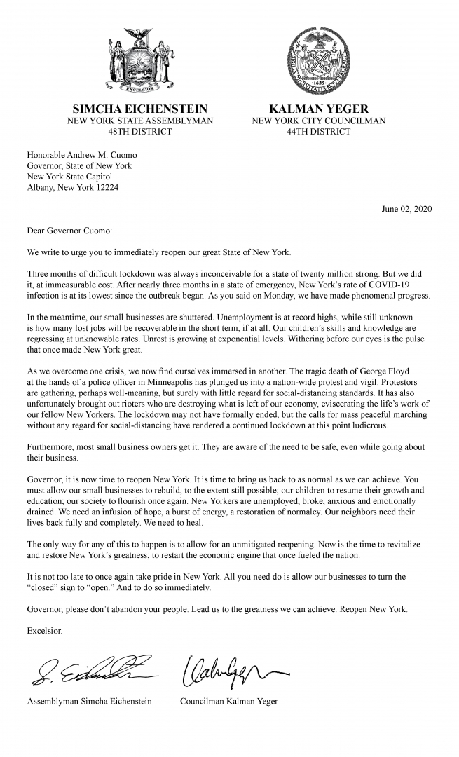 Assemblyman Simcha Eichenstein and Councilman Kalman Yeger today sent a letter to Governor Andrew M. Cuomo on behalf of their constituents and all New Yorkers, urging the immediate and unrestricted reopening of the State of New York.