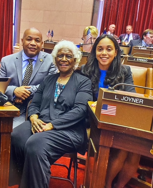 Pictured in the photo with Speaker Heastie is (from left to right) former Assemblymember Aurelia Greene and Assemblymember Latoya Joyner.